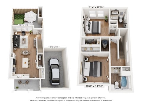 Floor plan for 2 beds, 2.5 baths, 1158 sqft